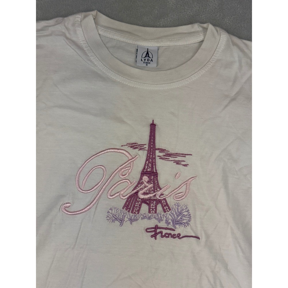 LYDA France Paris Eiffel Tower Embroidered White Cotton T-Shirt Womens Medium